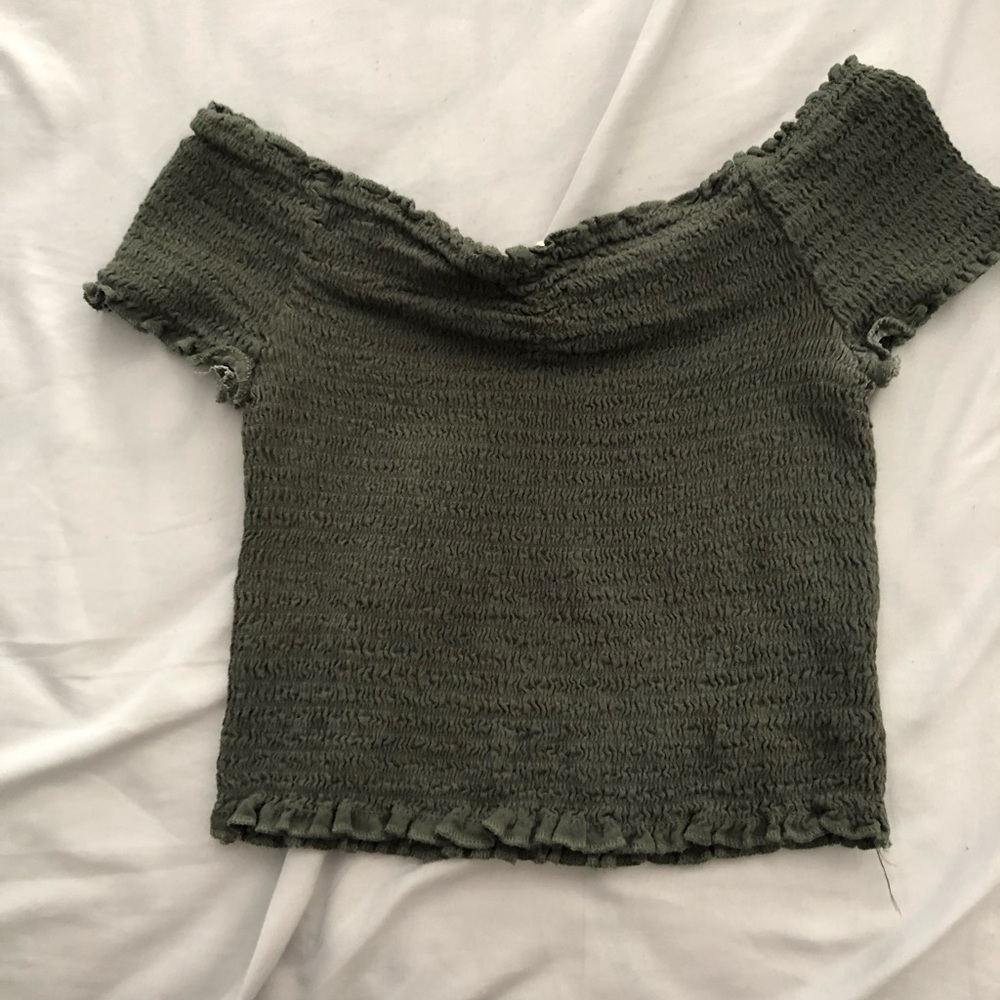 cropped fitting green off the shoulder shirt